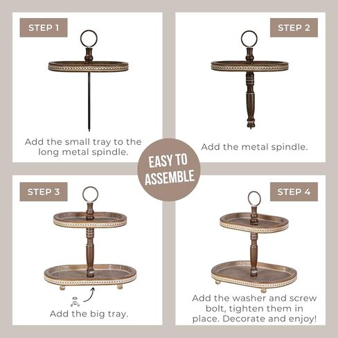 FESTWIND Oval Tiered Tray, Beaded Rustic Tiered Tray, Two Tiered Tray Stand for Kitchen Counter, Farmhouse Decorative Trays for Home Decor Distressed Brown in Kuwait