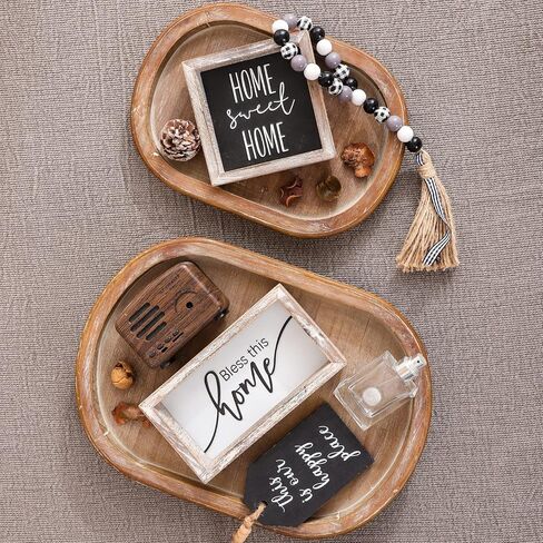 FESTWIND Oval Tiered Tray, Beaded Rustic Tiered Tray, Two Tiered Tray Stand for Kitchen Counter, Farmhouse Decorative Trays for Home Decor Distressed Brown in Kuwait