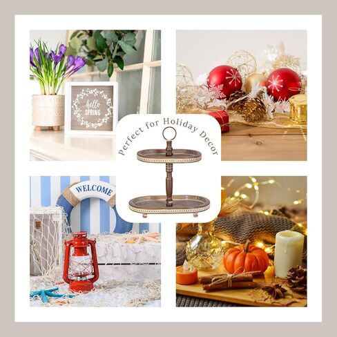 FESTWIND Oval Tiered Tray, Beaded Rustic Tiered Tray, Two Tiered Tray Stand for Kitchen Counter, Farmhouse Decorative Trays for Home Decor Distressed Brown in Kuwait