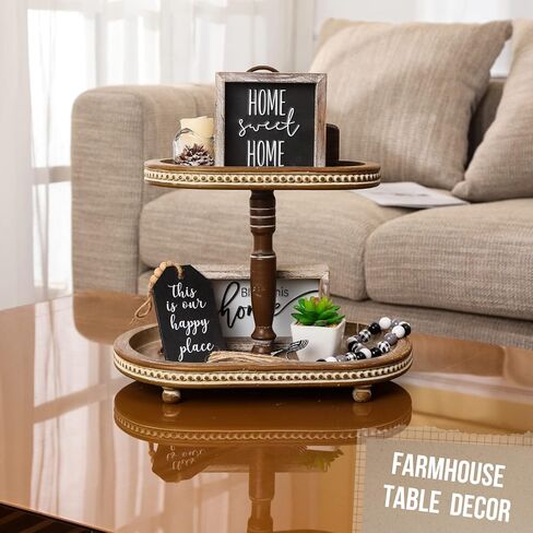 FESTWIND Oval Tiered Tray, Beaded Rustic Tiered Tray, Two Tiered Tray Stand for Kitchen Counter, Farmhouse Decorative Trays for Home Decor Distressed Brown in Kuwait