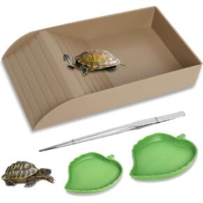 Reptile Feeding Dish with Ramp and Basking Platform Turtle Food Water Bowl Amphibians Habitat Horned Frogs Lizards Fit for Bath, Included 1PC Forcep in Kuwait
