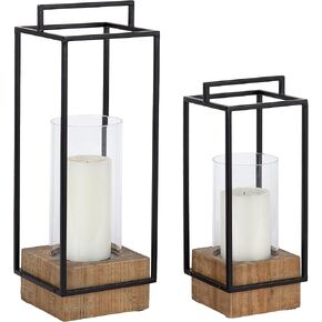Kate and Laurel Brandt Farmhouse Two-Piece Candle Holder Set, 7 x 7 x 19, Hazelnut and Black, Transitional Wood and Metal Lantern Candle Holders for Fireplace Mantel Display. in Saudi Arabia