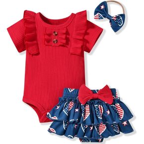 HIHA Baby Girl 4th of July Outfit Short Sleeve Bodysuit American Flag Ruffle Shorts Clothing with Headband