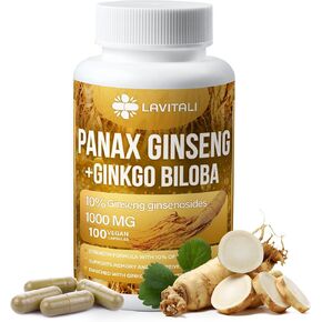 Ginseng & Ginkgo Biloba 150 Veggie Capsules, Energy Ginseng Root Extract Powder, with Ginkgo Biloba Extract, Supplement Pills for Brain and Boost Your Health, Non-GMO, Vegan, Gluten Free, Dairy Free