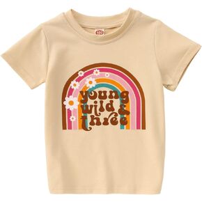 IZYJOY Young Wild and Three Shirt Toddler Baby Girls 3rd Birthday T-Shirts Retro Rainbow Birthday Outfit 3 Year Old Party Tee