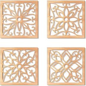 KOYILTD 4 Pieces Thicken Rustic Wall Decor,Flower Carved Wall Art,Wooden Hollow Carved Design (Square, 8.2in) in Kuwait