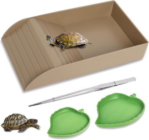 Reptile Feeding Dish with Ramp and Basking Platform Turtle Food Water Bowl Amphibians Habitat Horned Frogs Lizards Fit for Bath, Included 1PC Forcep in Kuwait