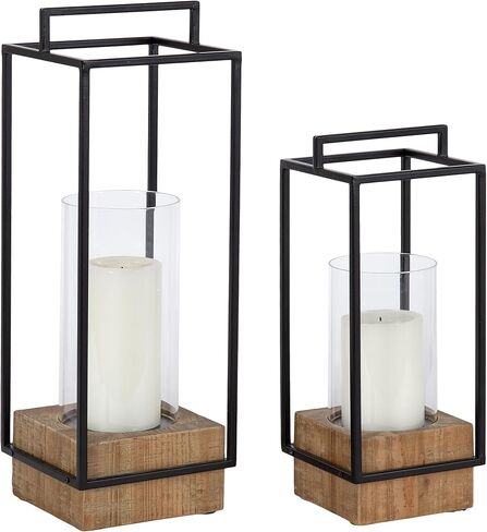 Kate and Laurel Brandt Farmhouse Two-Piece Candle Holder Set, 7 x 7 x 19, Hazelnut and Black, Transitional Wood and Metal Lantern Candle Holders for Fireplace Mantel Display. in Saudi Arabia