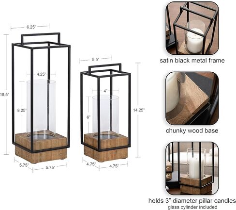 Kate and Laurel Brandt Farmhouse Two-Piece Candle Holder Set, 7 x 7 x 19, Hazelnut and Black, Transitional Wood and Metal Lantern Candle Holders for Fireplace Mantel Display. in Saudi Arabia