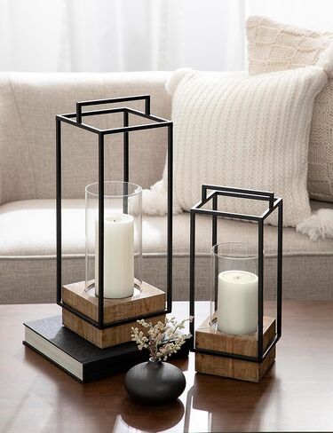 Kate and Laurel Brandt Farmhouse Two-Piece Candle Holder Set, 7 x 7 x 19, Hazelnut and Black, Transitional Wood and Metal Lantern Candle Holders for Fireplace Mantel Display. in Saudi Arabia