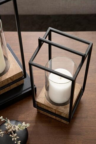 Kate and Laurel Brandt Farmhouse Two-Piece Candle Holder Set, 7 x 7 x 19, Hazelnut and Black, Transitional Wood and Metal Lantern Candle Holders for Fireplace Mantel Display. in Saudi Arabia
