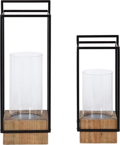 Kate and Laurel Brandt Farmhouse Two-Piece Candle Holder Set, 7 x 7 x 19, Hazelnut and Black, Transitional Wood and Metal Lantern Candle Holders for Fireplace Mantel Display. in Saudi Arabia