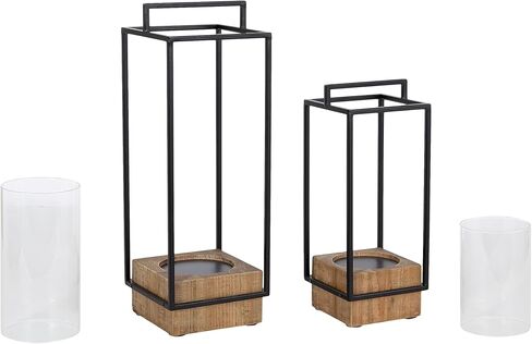 Kate and Laurel Brandt Farmhouse Two-Piece Candle Holder Set, 7 x 7 x 19, Hazelnut and Black, Transitional Wood and Metal Lantern Candle Holders for Fireplace Mantel Display. in Saudi Arabia