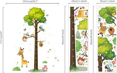 SUPERDANT 2 Sheets/Set Height Chart Tree Monkey Cartoon Growth Height Chart Animal Theme Wall Sticker PVC Height Measurement Ruler 40 to 140 cm Height Measure for Nursery Bedroom Living Room in Saudi Arabia