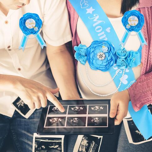 JieyueJewelry الأزرق الفيل الأمومة وشاح استحمام الطفل وشاح الأب ليكون الصدار دبوس مجموعة للفول السوداني موضوع دش الحمل زهرة حزام البطن الأمومة التصوير الفوتوغرافي كشف الجنس in Kuwait