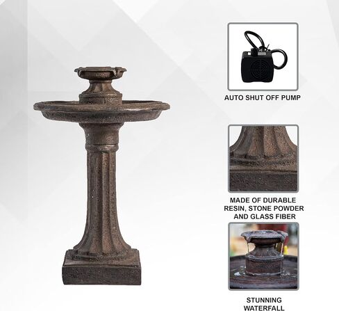 XBrand 28" BirdBath Water Fountain, 1-Tier, Outdoor, Brown Resin, Auto Shut Off Pump, Decorative Water Fountain, Outdoor Water Feature, Lawn and Garden in Saudi Arabia