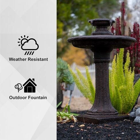 XBrand 28" BirdBath Water Fountain, 1-Tier, Outdoor, Brown Resin, Auto Shut Off Pump, Decorative Water Fountain, Outdoor Water Feature, Lawn and Garden in Saudi Arabia