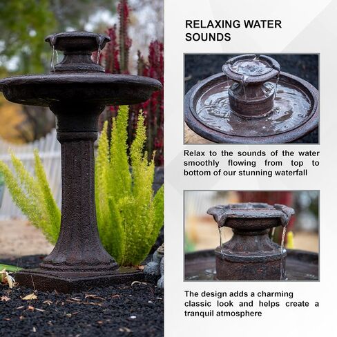XBrand 28" BirdBath Water Fountain, 1-Tier, Outdoor, Brown Resin, Auto Shut Off Pump, Decorative Water Fountain, Outdoor Water Feature, Lawn and Garden in Saudi Arabia