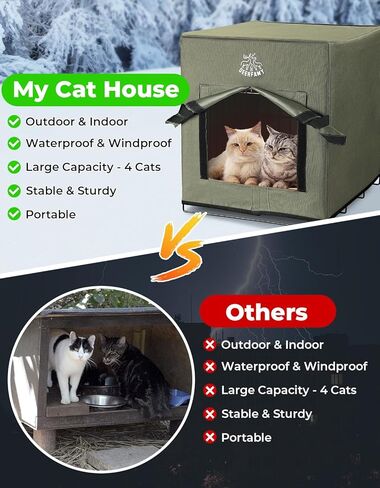 ديرفامي منزل قطط كبير للتدفئة للقطط في الشتاء، مرتفع ومقاوم للعوامل الجوية، بيت قطط معزول امن للقطط او الكلاب مع وسادة ساخنة وشنطة حمل، 16 انش × 19 انش × 18 انش، اخضر in Kuwait