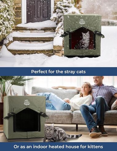 ديرفامي منزل قطط كبير للتدفئة للقطط في الشتاء، مرتفع ومقاوم للعوامل الجوية، بيت قطط معزول امن للقطط او الكلاب مع وسادة ساخنة وشنطة حمل، 16 انش × 19 انش × 18 انش، اخضر in Kuwait