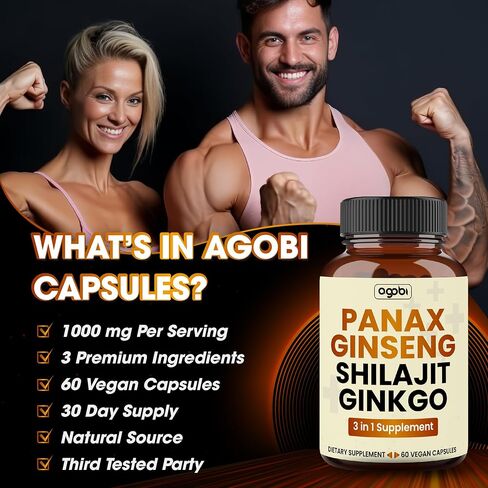 مكمل أجوبي باناكس الجينسنغ مع الشيلاجيت والجنكة - 60 كبسولة نباتية - تركيبة مركزة للغاية لإنتاج الطاقة وصحة الدماغ والتركيز ودعم التركيز - خالية من الغلوتين وغير معدلة وراثيًا in Kuwait