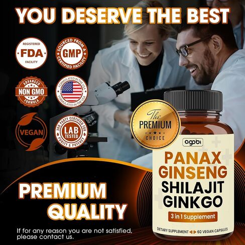 مكمل أجوبي باناكس الجينسنغ مع الشيلاجيت والجنكة - 60 كبسولة نباتية - تركيبة مركزة للغاية لإنتاج الطاقة وصحة الدماغ والتركيز ودعم التركيز - خالية من الغلوتين وغير معدلة وراثيًا in Kuwait