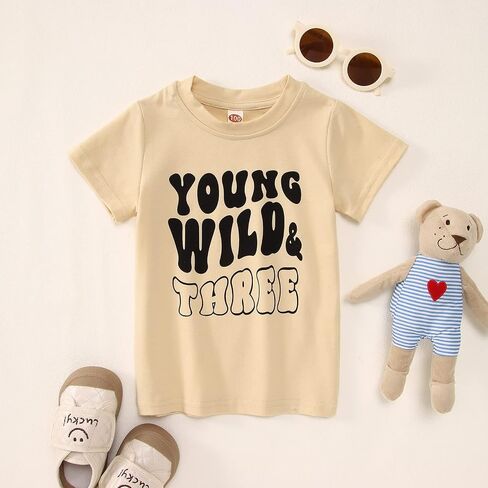 IZYJOY Young Wild and Three Shirt Toddler Baby Girls 3rd Birthday T-Shirts Retro Rainbow Birthday Outfit 3 Year Old Party Tee in Saudi Arabia