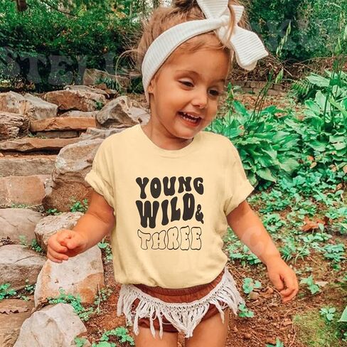 IZYJOY Young Wild and Three Shirt Toddler Baby Girls 3rd Birthday T-Shirts Retro Rainbow Birthday Outfit 3 Year Old Party Tee in Saudi Arabia