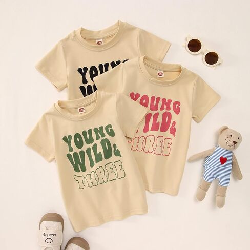 IZYJOY Young Wild and Three Shirt Toddler Baby Girls 3rd Birthday T-Shirts Retro Rainbow Birthday Outfit 3 Year Old Party Tee in Saudi Arabia