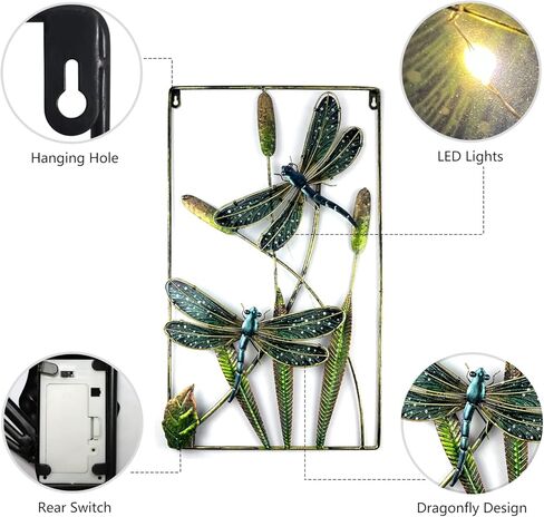 أضواء ديكور الحائط الفنية على شكل اليعسوب - زخارف معلقة بإطار معدني منزلي - هدايا اليعسوب للنساء - هدية عيد ميلاد - أفكار هدايا للعطلات في الداخل، المطبخ، الدهليز، جدار الدرج، الحمام in Kuwait