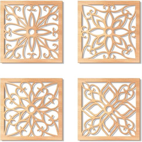 KOYILTD 4 Pieces Thicken Rustic Wall Decor,Flower Carved Wall Art,Wooden Hollow Carved Design (Square, 8.2in) in Kuwait