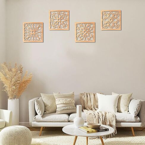 KOYILTD 4 Pieces Thicken Rustic Wall Decor,Flower Carved Wall Art,Wooden Hollow Carved Design (Square, 8.2in) in Kuwait