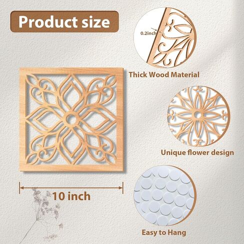 KOYILTD 4 Pieces Thicken Rustic Wall Decor,Flower Carved Wall Art,Wooden Hollow Carved Design (Square, 8.2in) in Kuwait