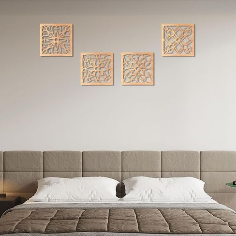 KOYILTD 4 Pieces Thicken Rustic Wall Decor,Flower Carved Wall Art,Wooden Hollow Carved Design (Square, 8.2in) in Kuwait
