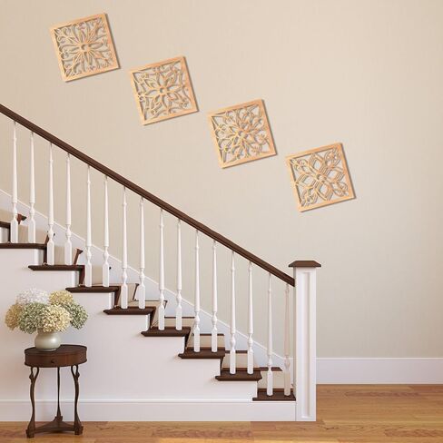 KOYILTD 4 Pieces Thicken Rustic Wall Decor,Flower Carved Wall Art,Wooden Hollow Carved Design (Square, 8.2in) in Kuwait