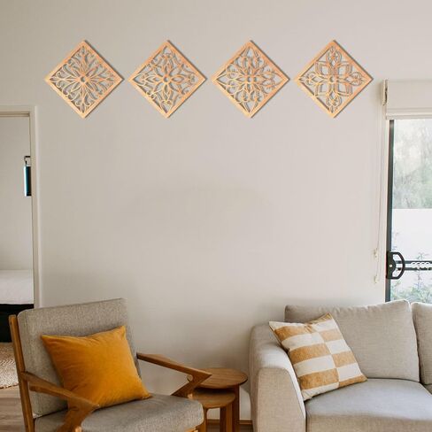 KOYILTD 4 Pieces Thicken Rustic Wall Decor,Flower Carved Wall Art,Wooden Hollow Carved Design (Square, 8.2in) in Kuwait