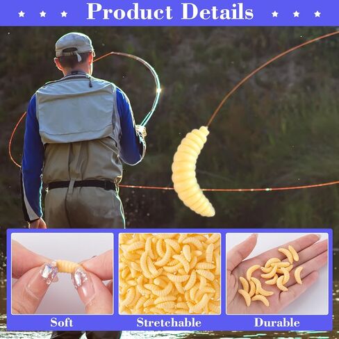 CustomyLife 250pcs 20mm Fake Worms for Fishing Bass, Realistic Fishing Lure Fake Maggot Baits, Soft Plastics False Wax Worm for Freshwater Ice Lure Fishing-Yellow in Saudi Arabia