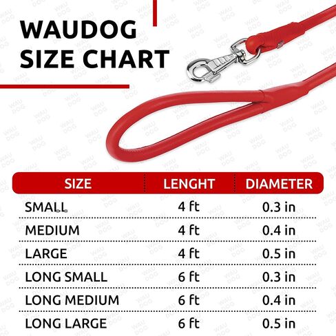 WAUDOG مقود جلدي ملفوف للكلاب بطول 4 أقدام * 0.3 بوصة للكلاب الصغيرة والمتوسطة والكبيرة - مقود جلدي شديد التحمل للتدريب على المشي والجري في الهواء الطلق - مقاود قوية للكلاب من السلالات الكبيرة (أحمر) in Kuwait