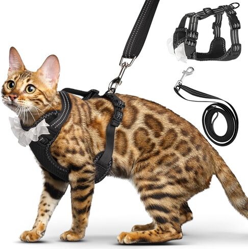 Cat Harness and Leash, Escape Proof Breathable Pet Vest Harnesses for Walking, Easy Control Reflective Leash and Harness Set Adjustable Jacket for Cats Puppy Rabbit Kitten (S) Black in Kuwait