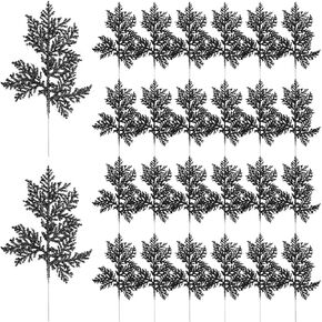 DIYASY Christmas Tree Filler Branches, 11'' Glitter Artificial Pine Needle Leaves Floral Twig Picks Ornaments Fake Fern Leaf for Xmas Tree Holiday Wreath Home Decorations (Silver)
