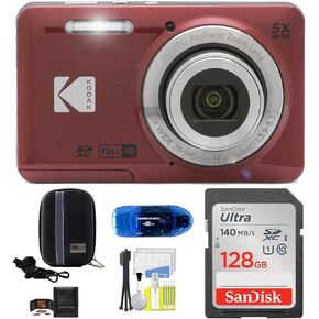 حزمة الكاميرا الرقمية Kodak Pixpro FZ55، تتضمن: بطاقة ذاكرة SanDisk سعة 128 جيجابايت، وحقيبة كاميرا ذات هيكل صلب، وقارئ بطاقة SD والمزيد (6 عناصر) (أزرق) in Kuwait