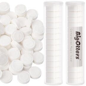 BigOtters 100PCS Compressed Towels, Coin Tissues Camping Wipes Portable Towels with Tube Containers for Home Beauty Outdoors Hiking