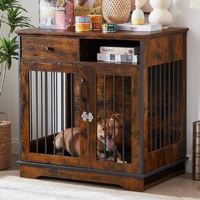 Furniture Style Dog Crate,Modern Decorative Wood Wire Pet House Dog Cage with Drawer & Double Doors,Decorative Dog House Pet Cage Indoor Use,for Medium Small Dogs,(Rustic Brown) in Kuwait