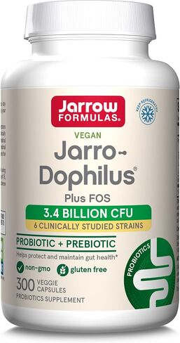 Jarrow Formulas Jarro-Dophilus + FOS - 3.4 مليار كائن حي لكل وجبة - 300 كبسولة نباتية - البريبايوتك والبروبيوتيك - دعم غذائي للبكتيريا المفيدة - ما يصل إلى 300 حصة in Kuwait