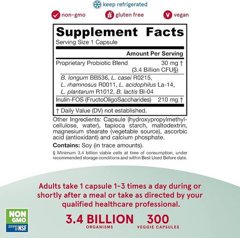 Jarrow Formulas Jarro-Dophilus + FOS - 3.4 مليار كائن حي لكل وجبة - 300 كبسولة نباتية - البريبايوتك والبروبيوتيك - دعم غذائي للبكتيريا المفيدة - ما يصل إلى 300 حصة in Kuwait