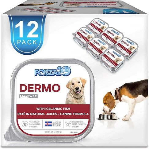 Forza10 Actiwet Dermo Wet Dog Food، أوميغا 3 طعام الكلاب المعلب لصحة البشرة الحساسة، فقدان فراء الجلد الجاف، 3.5 أونصة، نكهة السمك، الكلاب البالغة (32 حزمة) in Kuwait