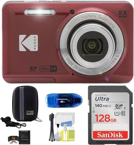 Kodak Pixpro FZ55 Digital Camera Bundle, Includes: SanDisk 128GB Memory Card, Hard Shell Camera Case, SD Card Reader and More (6 Items) (Blue) in Saudi Arabia