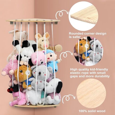 اوبليتنت ارجوحة تخزين حيوانات محشوة للزوايا، رف العاب خشبي ناعم، حامل عرض بطول قابل للتعديل، منظم العاب قطيفة كبير للتعليق في الحضانة وغرفة اللعب وغرفة النوم وغرفة الاطفال in Kuwait