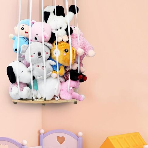 اوبليتنت ارجوحة تخزين حيوانات محشوة للزوايا، رف العاب خشبي ناعم، حامل عرض بطول قابل للتعديل، منظم العاب قطيفة كبير للتعليق في الحضانة وغرفة اللعب وغرفة النوم وغرفة الاطفال in Kuwait