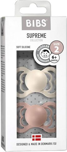 BIBS Supreme Baby Pacifier 2-Pack | Made in Denmark | BPA Free Dummy Soother, Symmetrical Silicone, Size 2 (6-18 Months), Ivory/Blush in Saudi Arabia